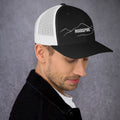 right view of black & white mesh trucker cap