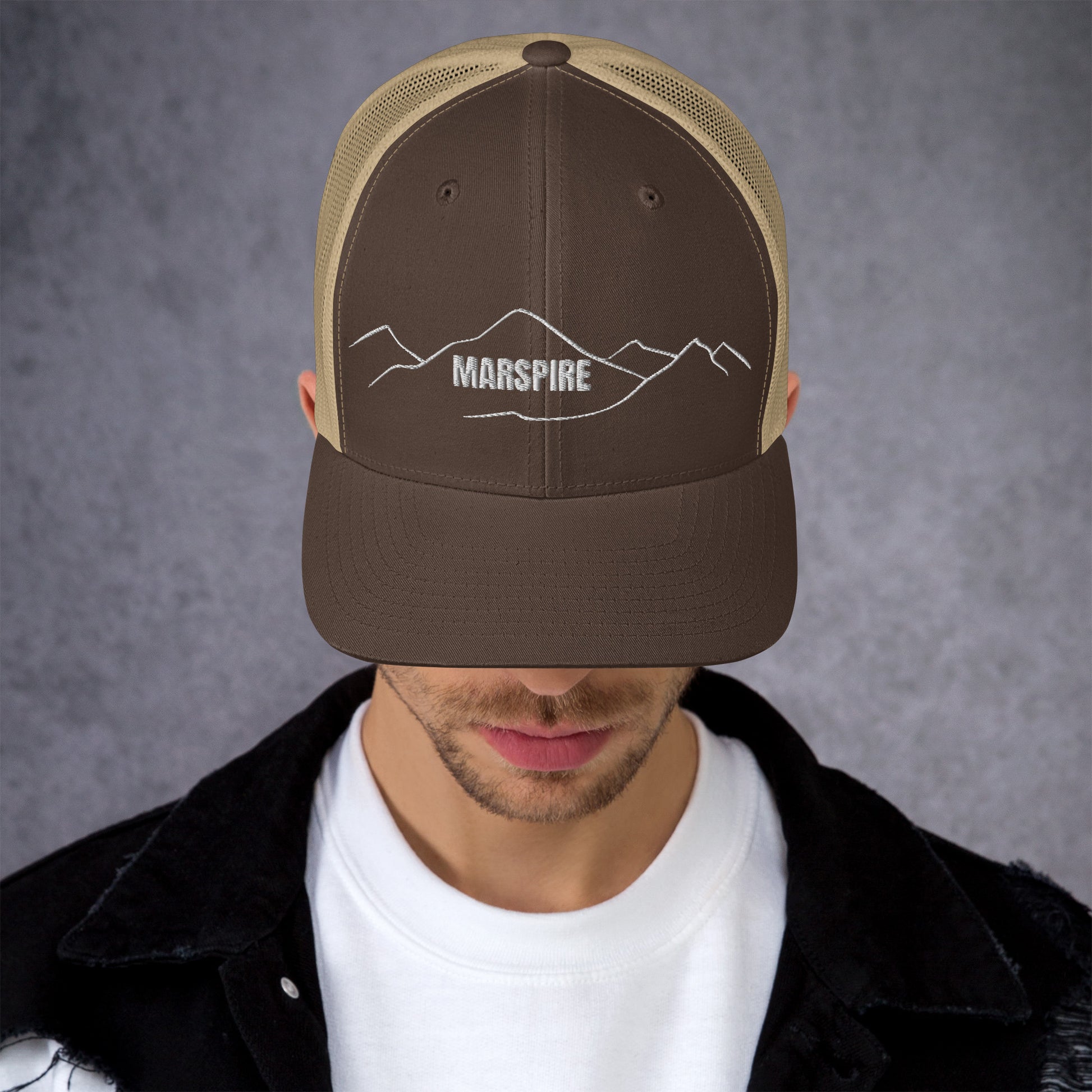 front view of brown & khaki mesh trucker cap