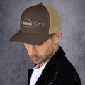 left view of brown & khaki mesh trucker cap