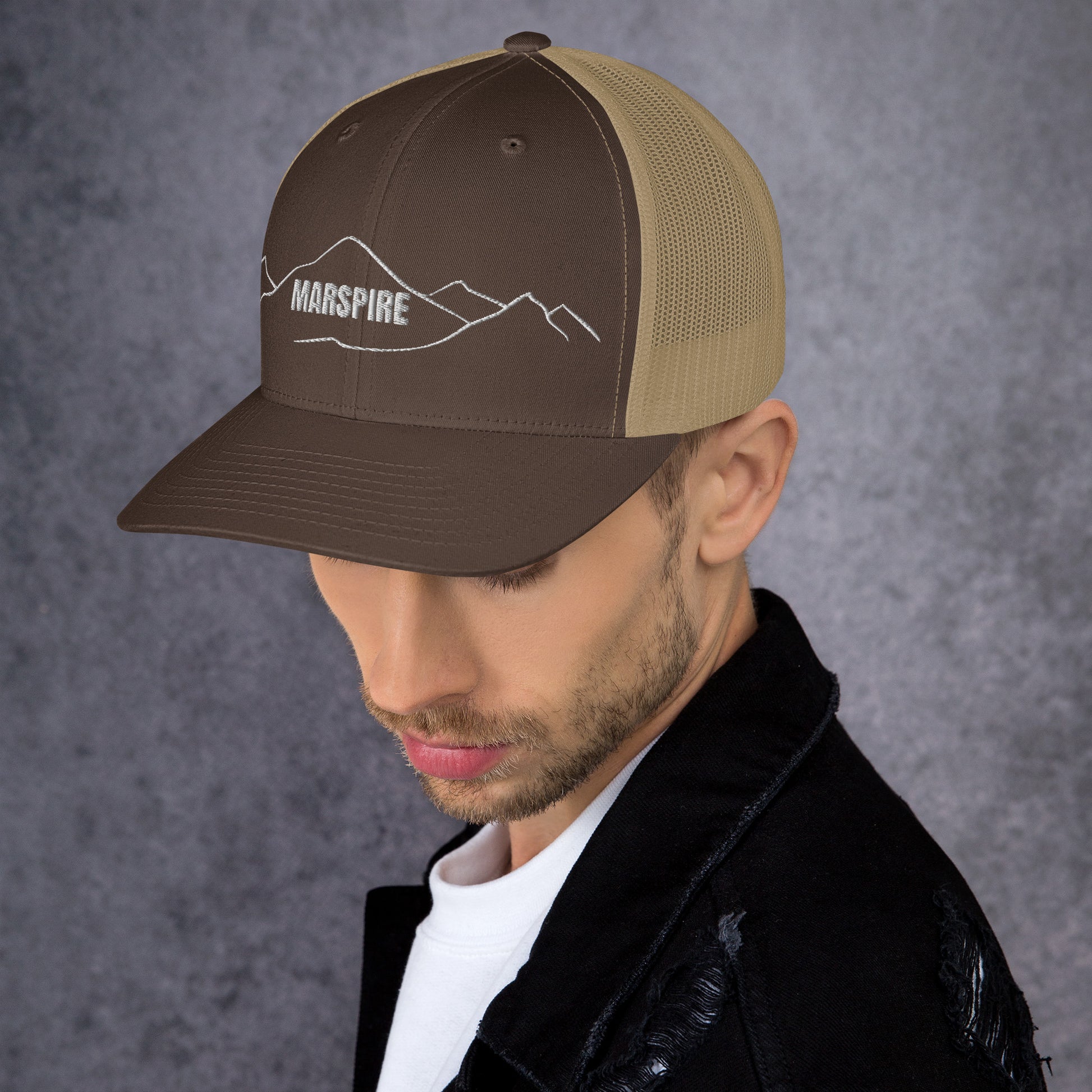 left view of brown & khaki mesh trucker cap