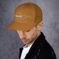 left view of caramel mesh trucker cap