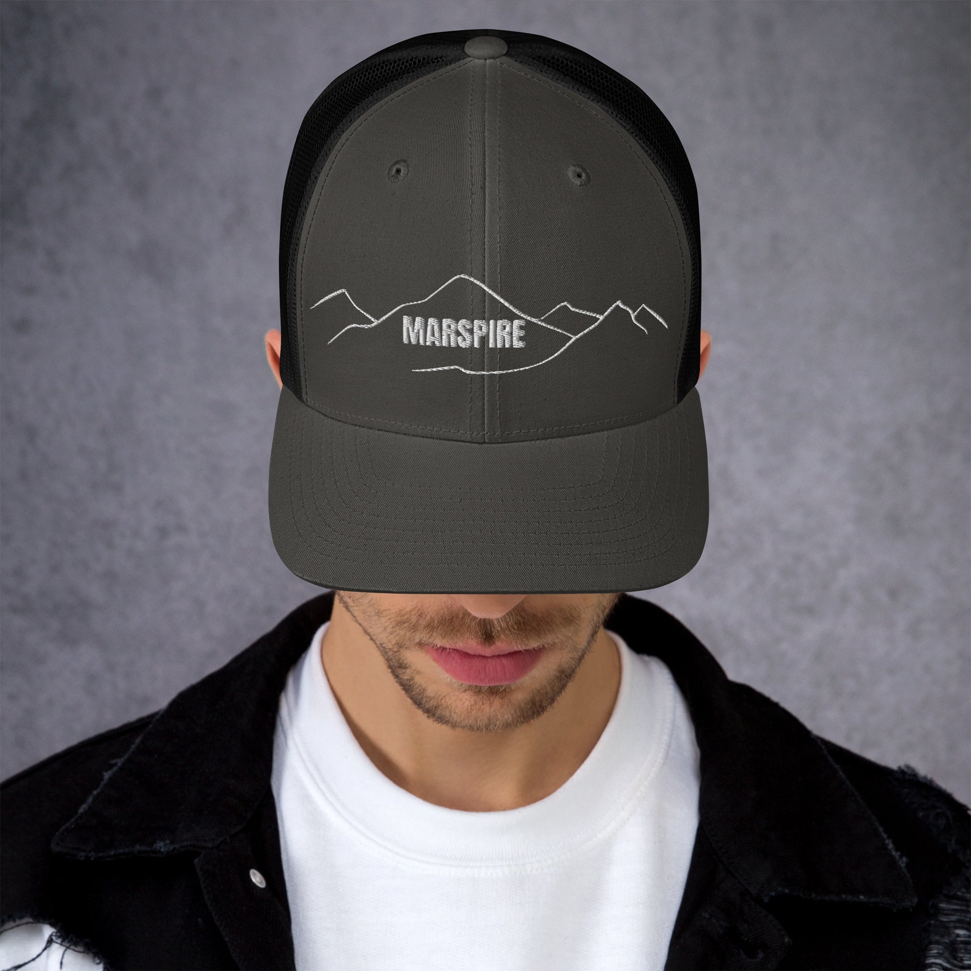 front view of charcoal & black mesh trucker cap