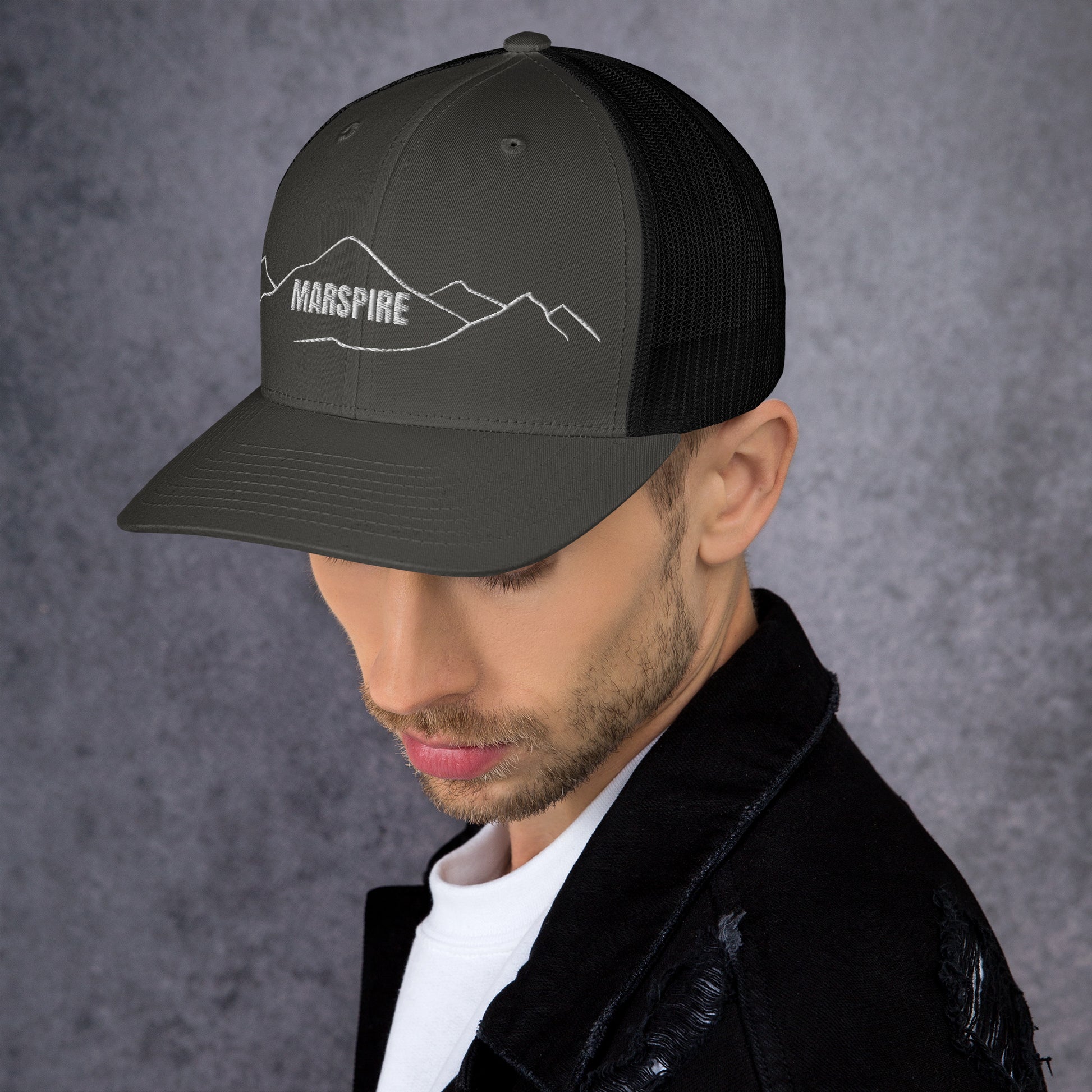 left view of charcoal & black mesh trucker cap