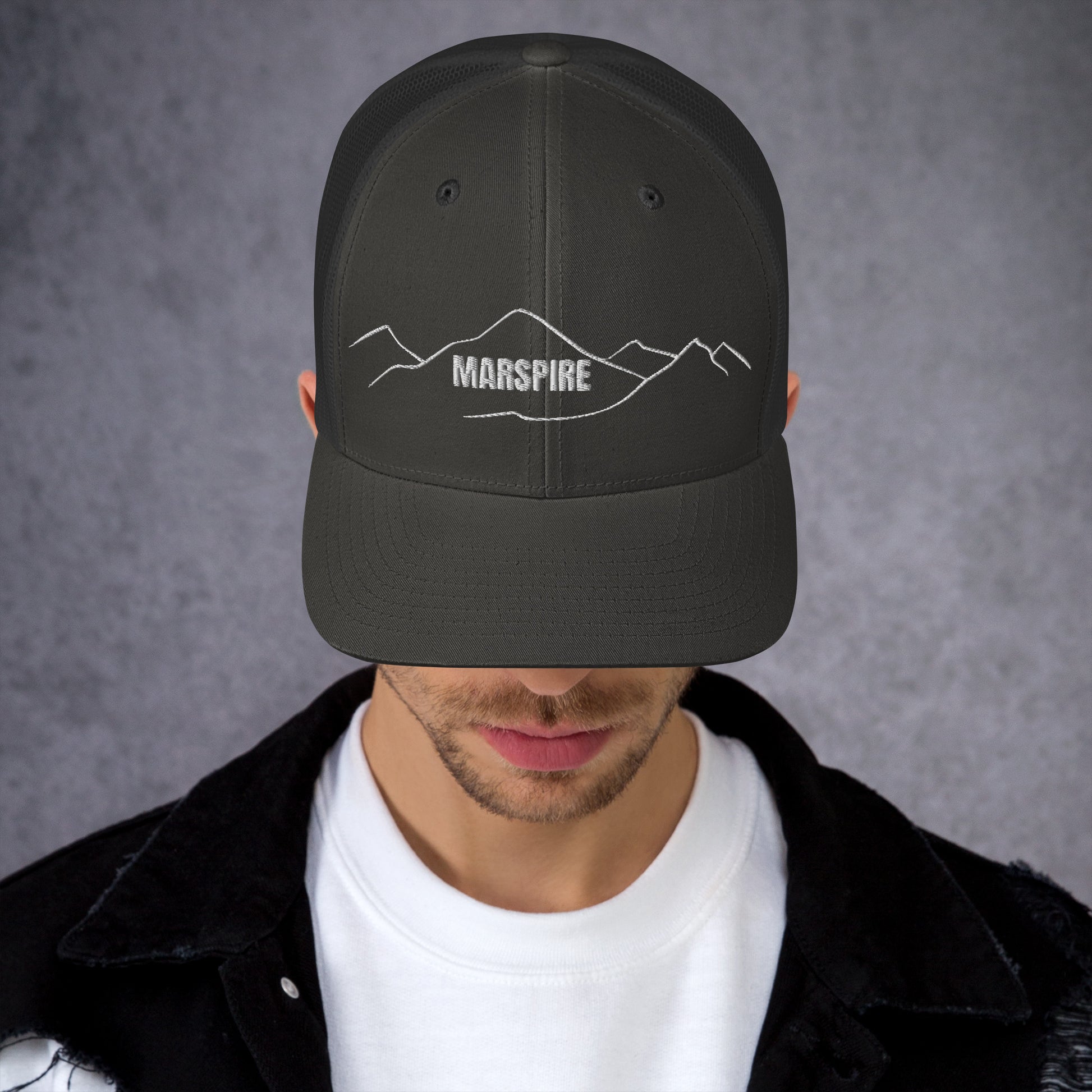 front view of charcoal mesh trucker cap