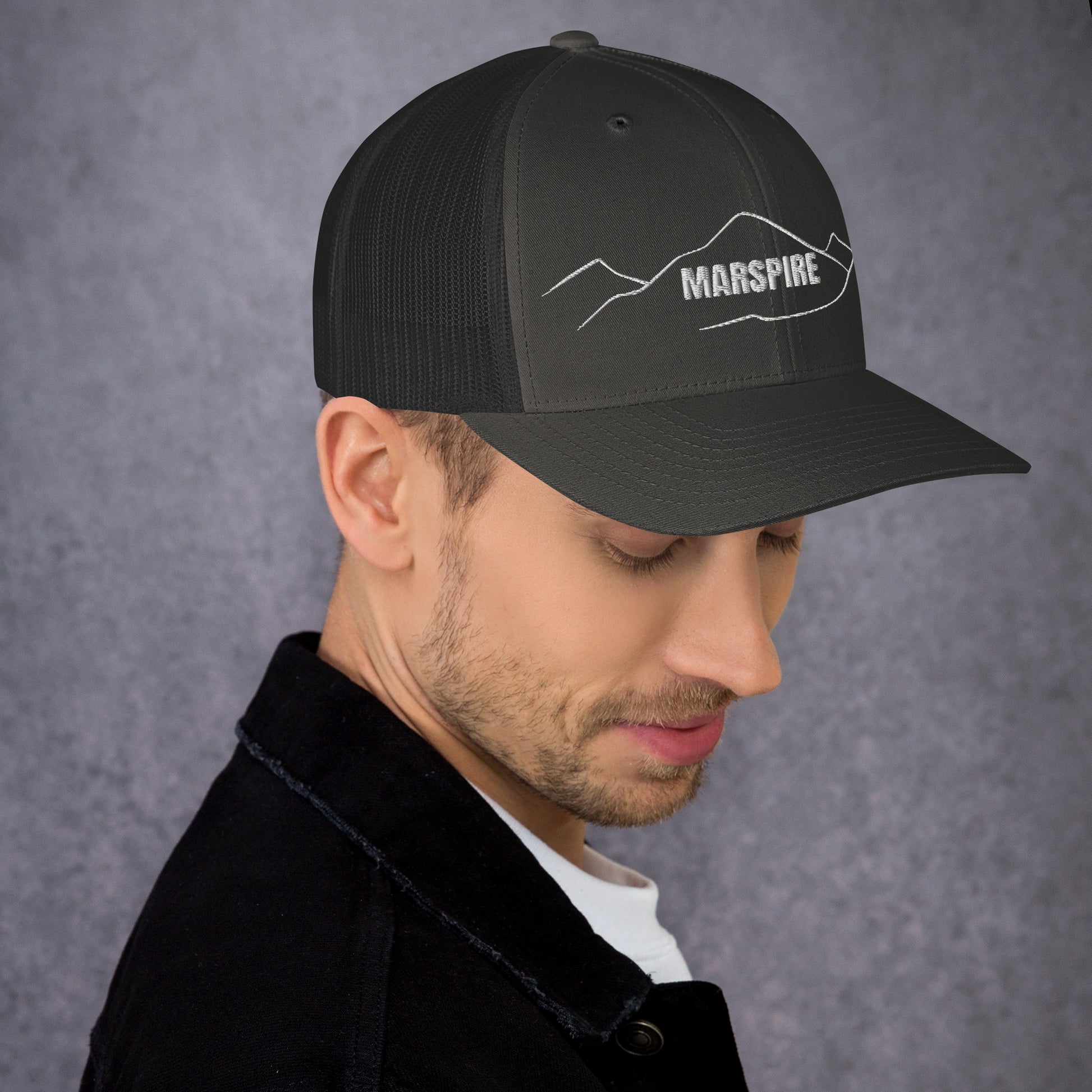 right view of cranberry mesh trucker cap