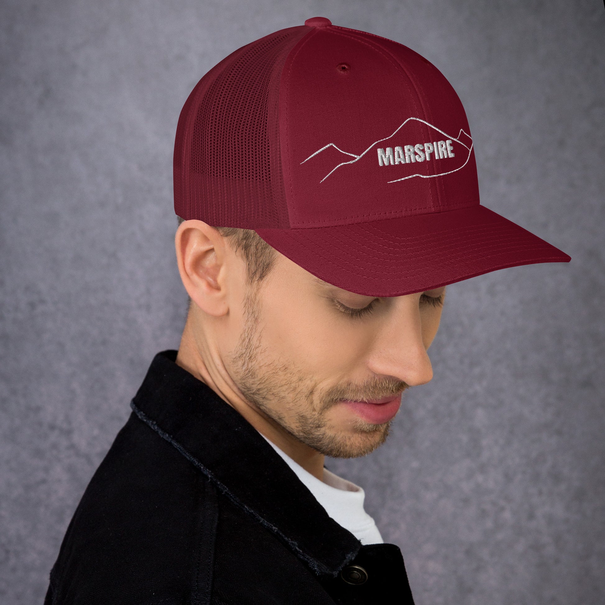 right view of red mesh trucker cap