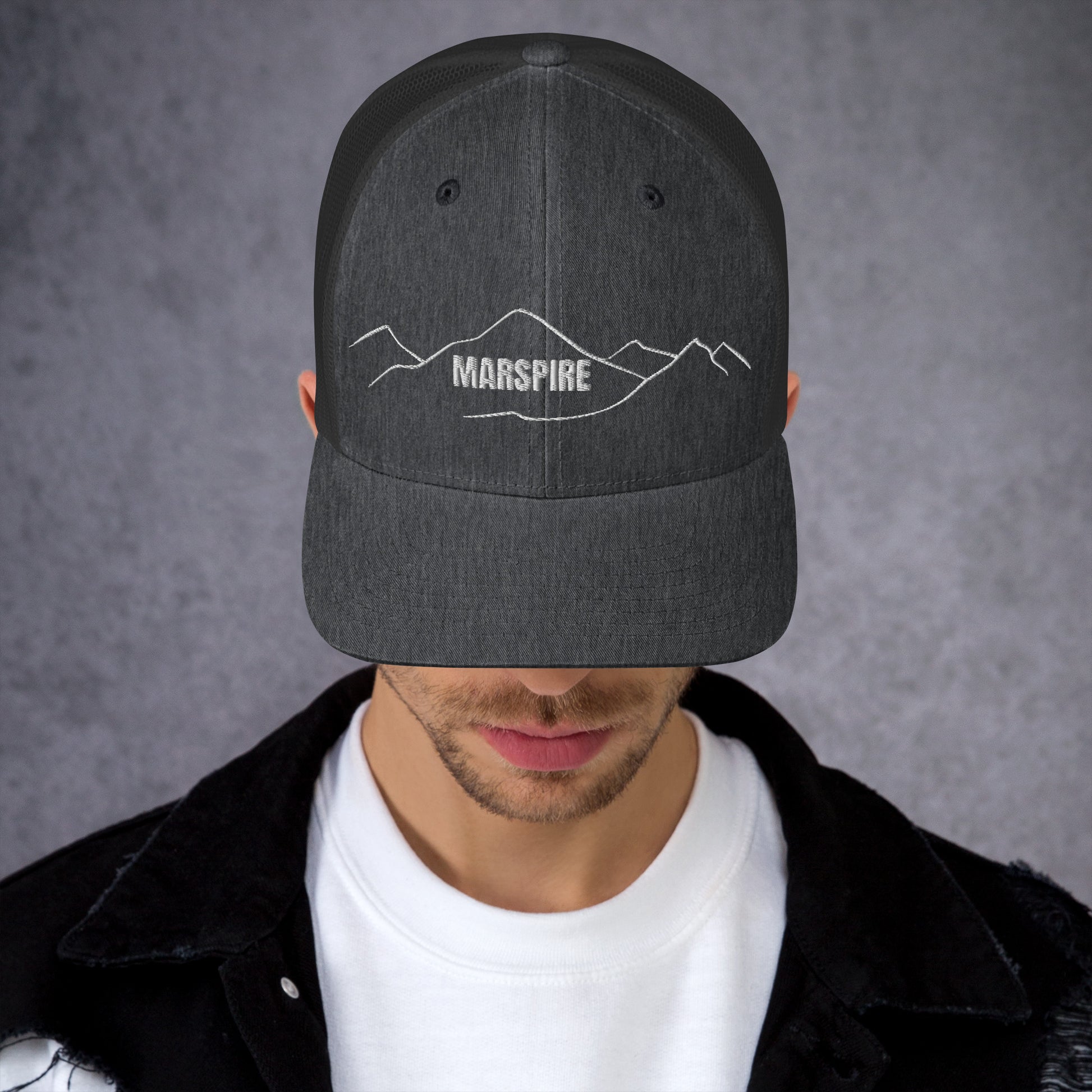 front view of dark heather grey mesh trucker cap