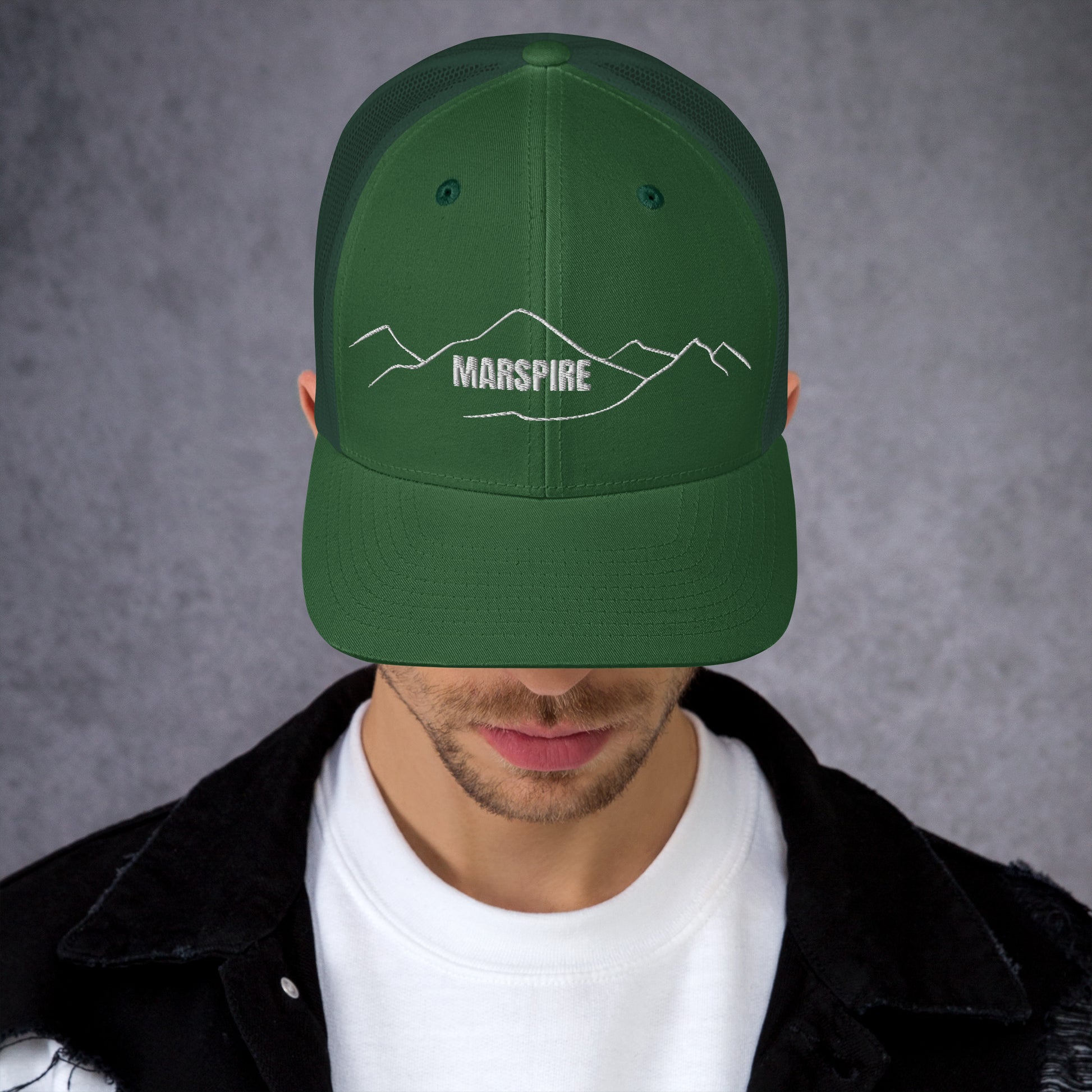 front view of evergreen mesh trucker cap