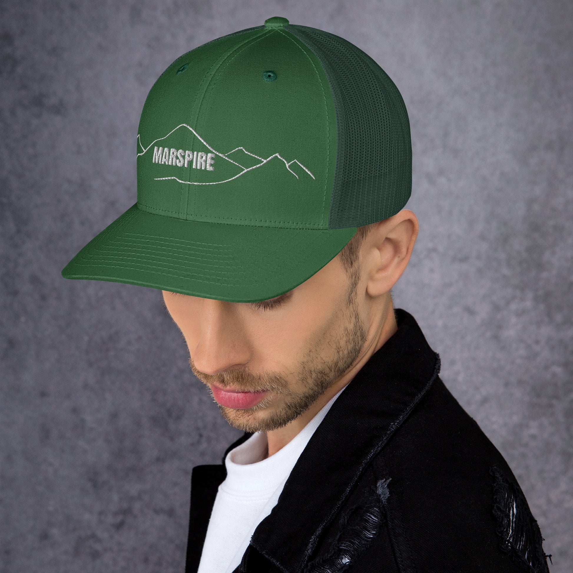 left view of evergreen mesh trucker cap