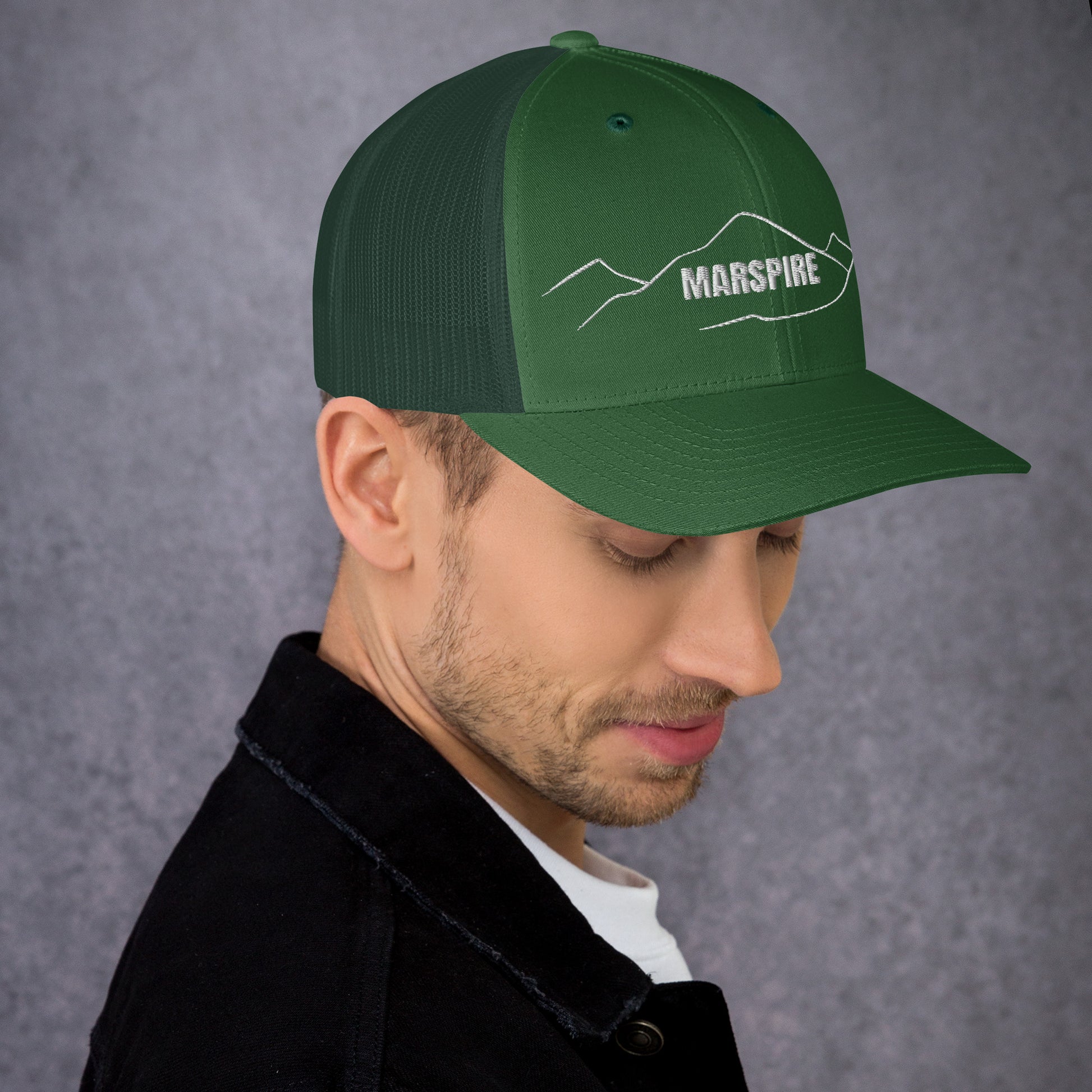 right view of caramel mesh trucker cap
