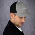 right view of heather & black mesh trucker cap