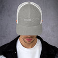 front view of heather grey & white mesh trucker cap