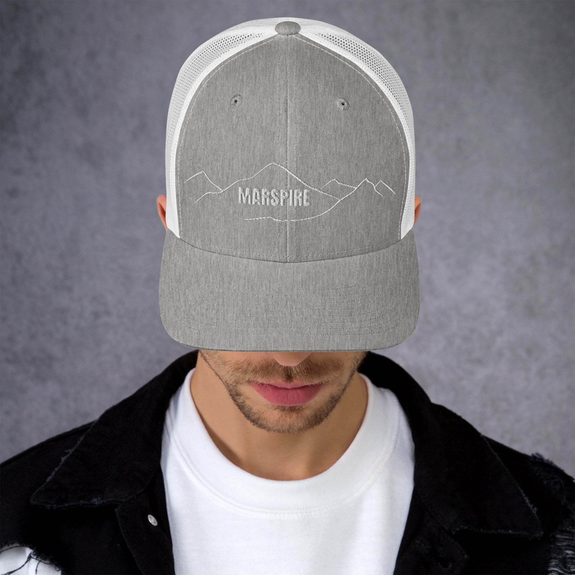 front view of heather grey & white mesh trucker cap