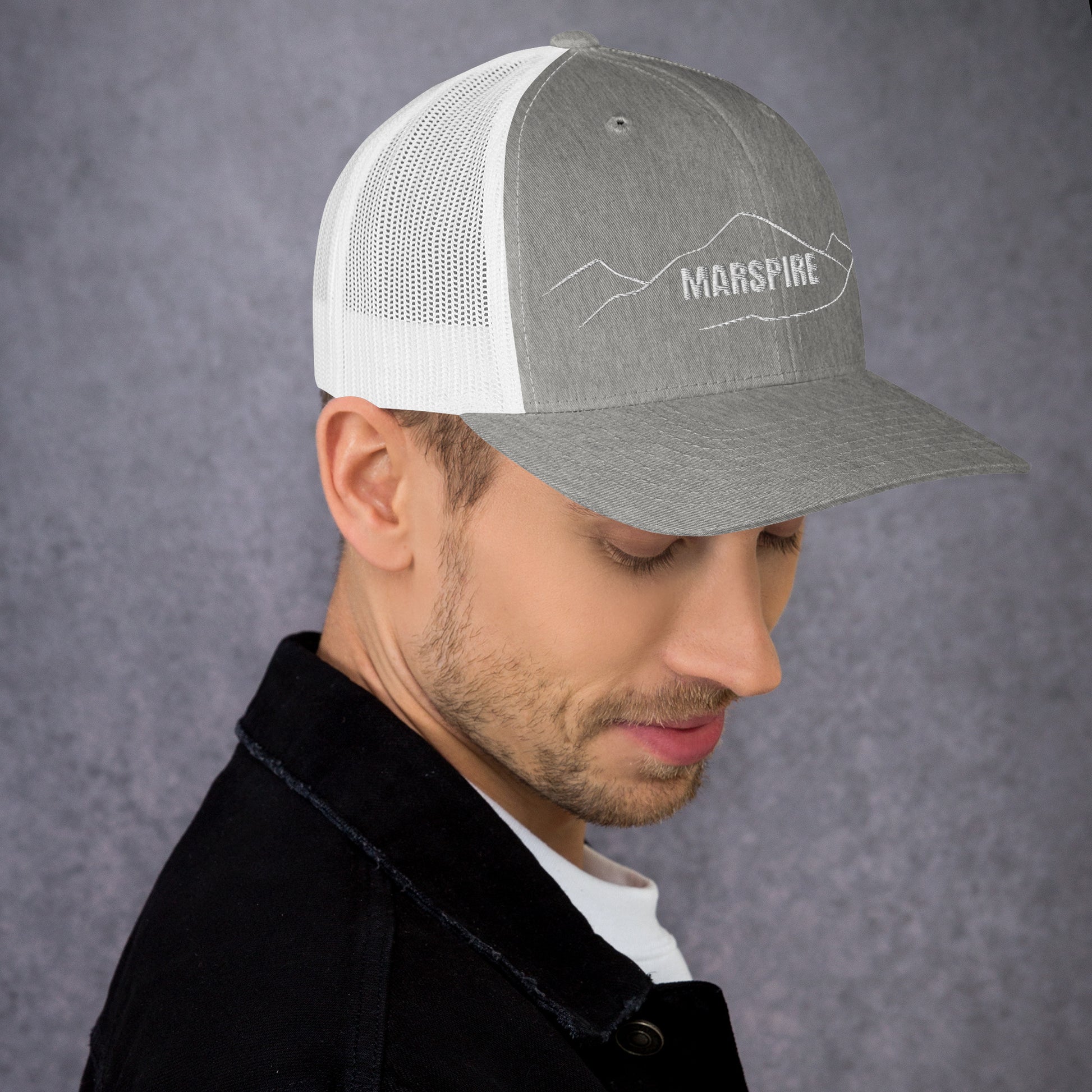 right view of heather grey & white mesh trucker cap
