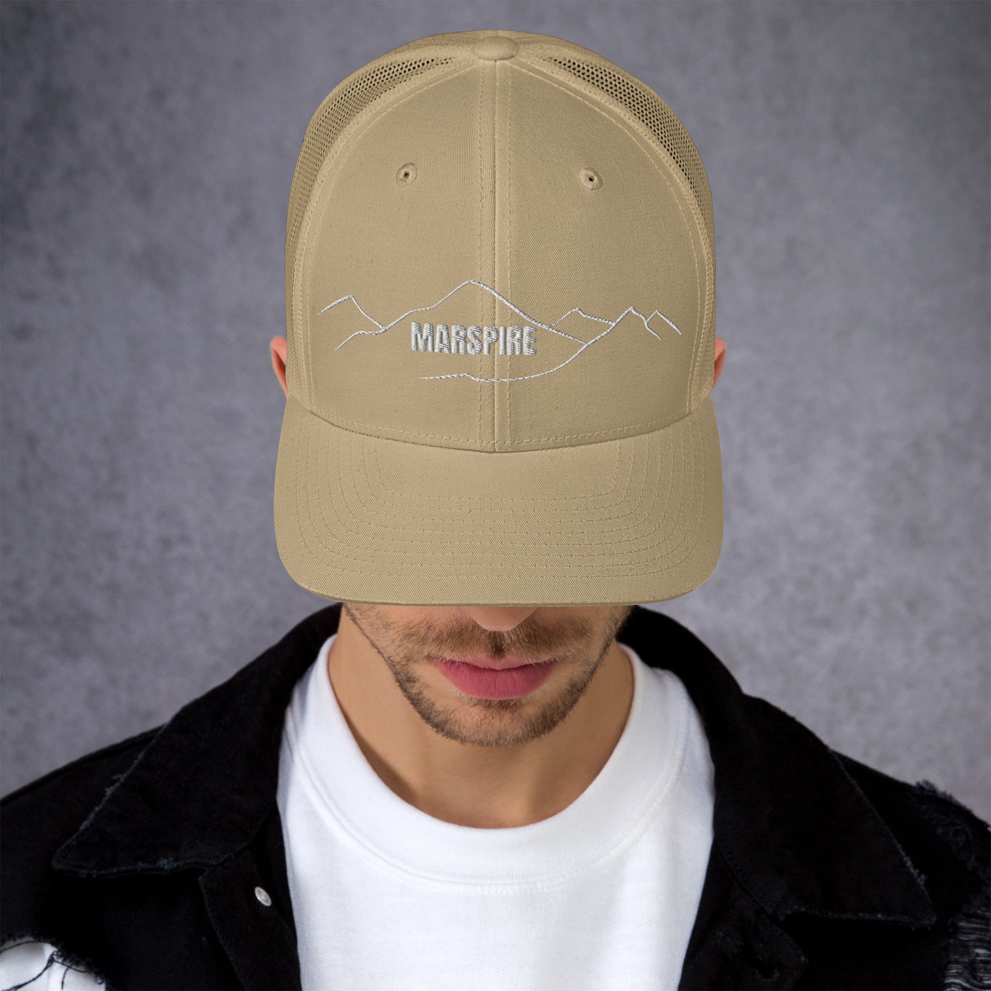 front view of khaki mesh trucker cap