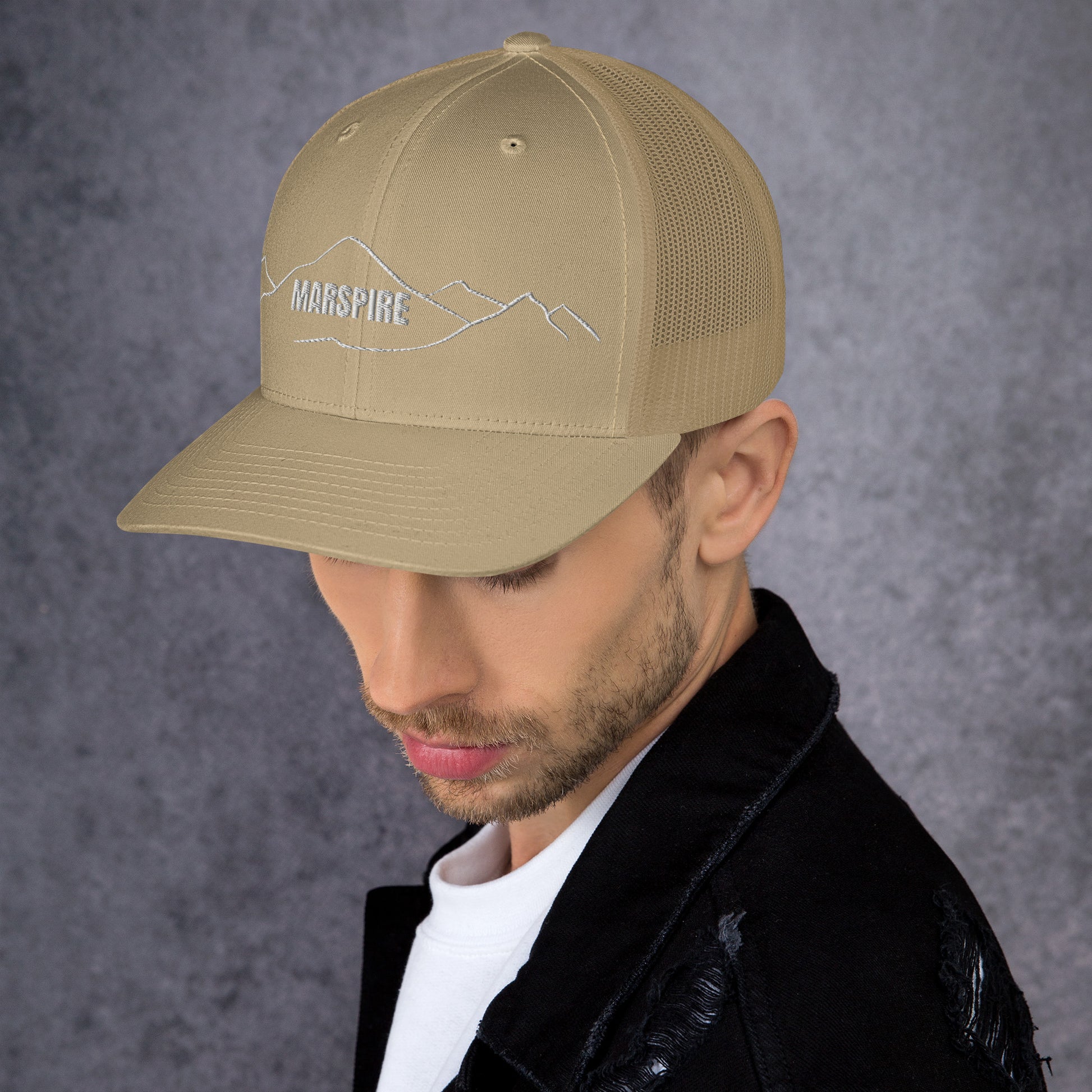 left view of khaki mesh trucker cap