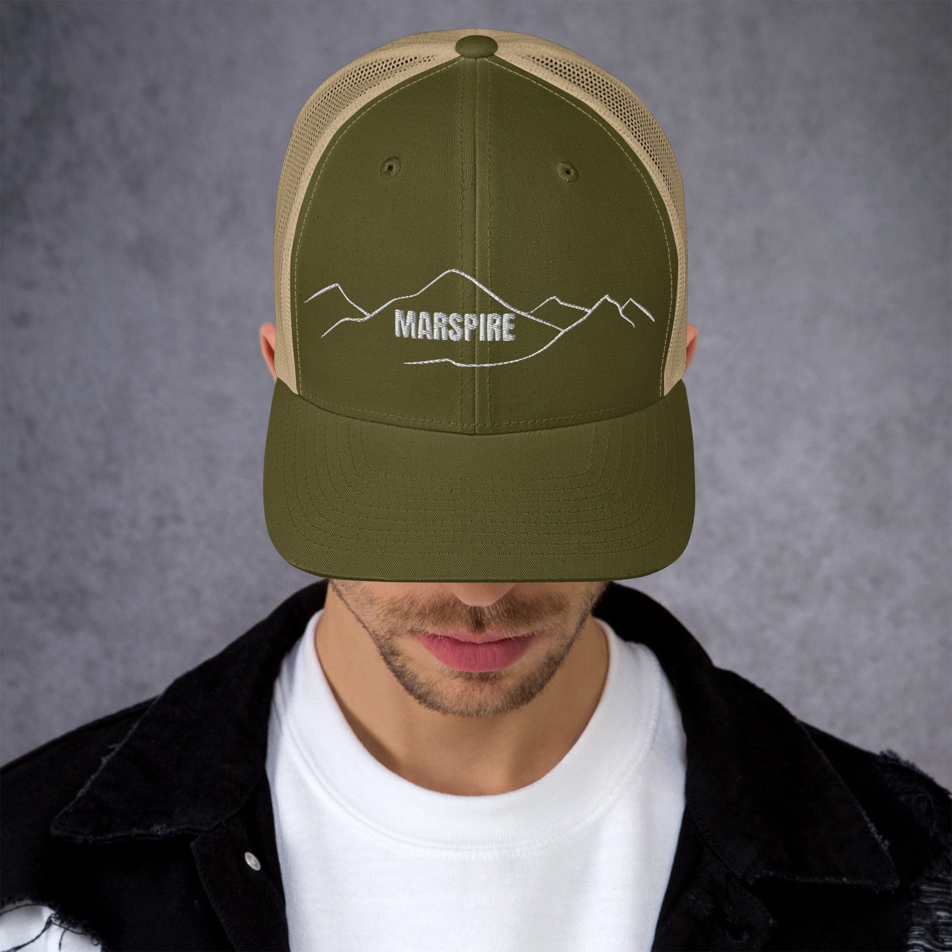 front view of moss & khaki mesh trucker cap