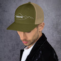 left view of moss & khaki mesh trucker cap