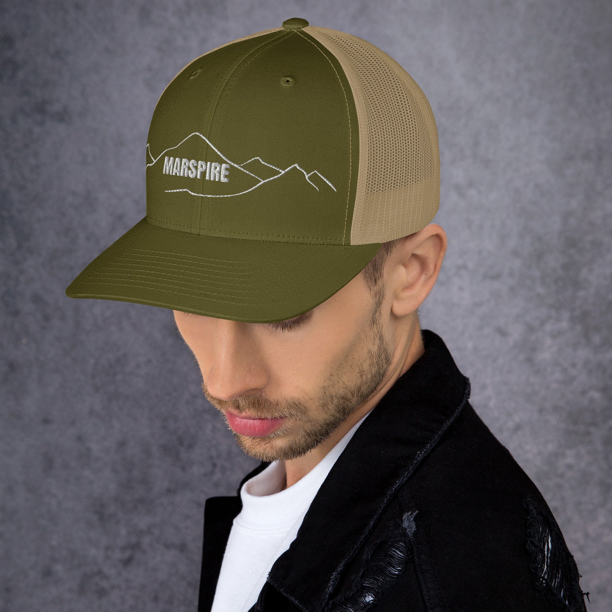 left view of moss & khaki mesh trucker cap