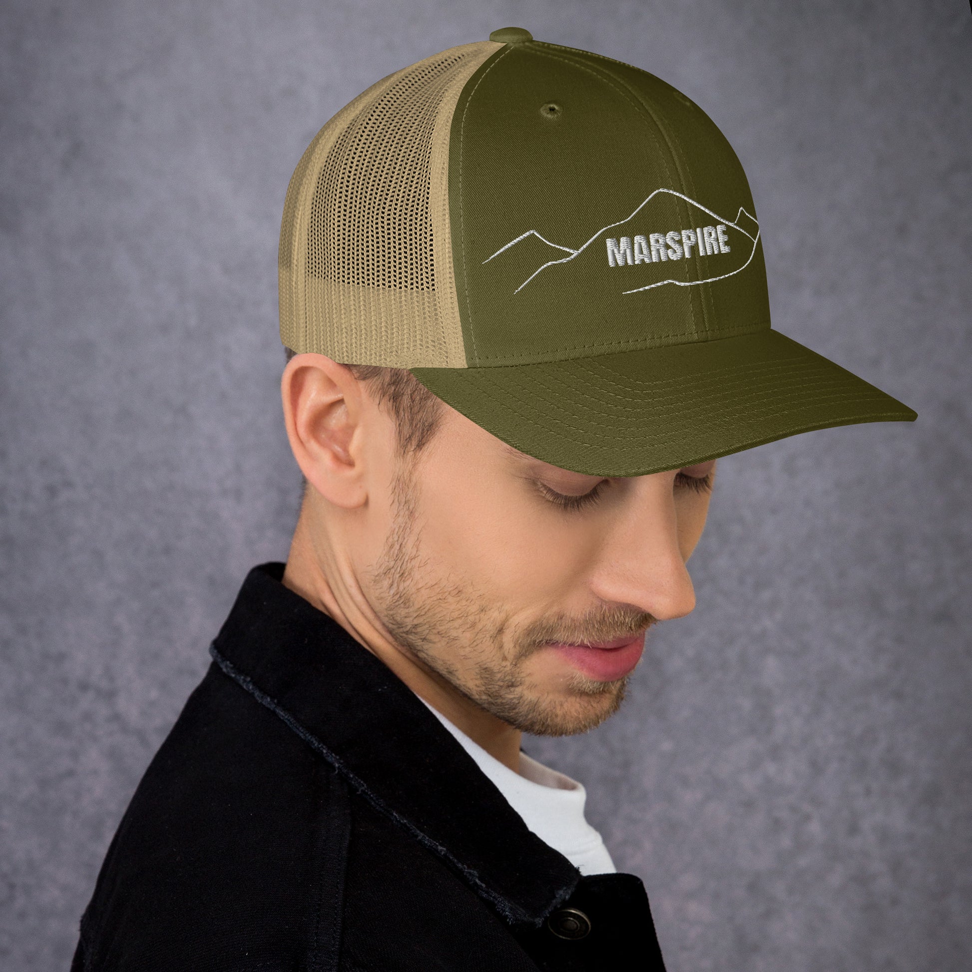 right view of moss & khaki mesh trucker cap