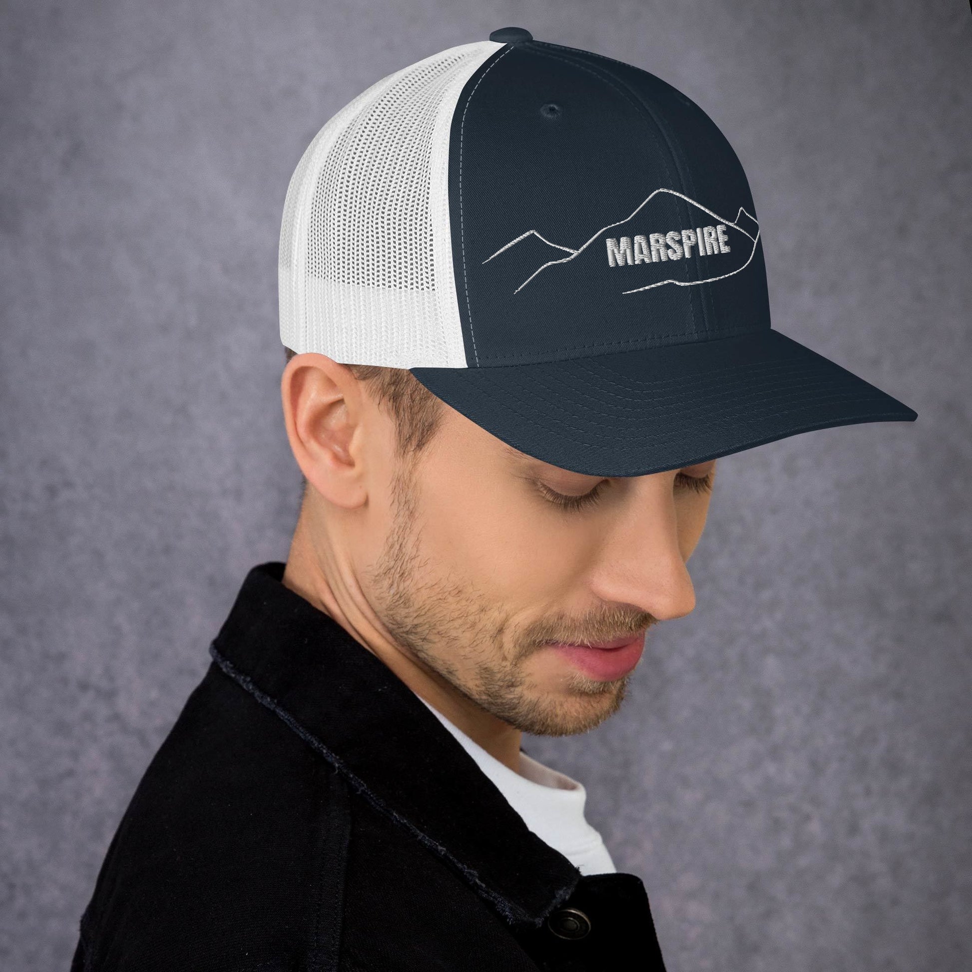 right view of charcoal & black mesh trucker cap