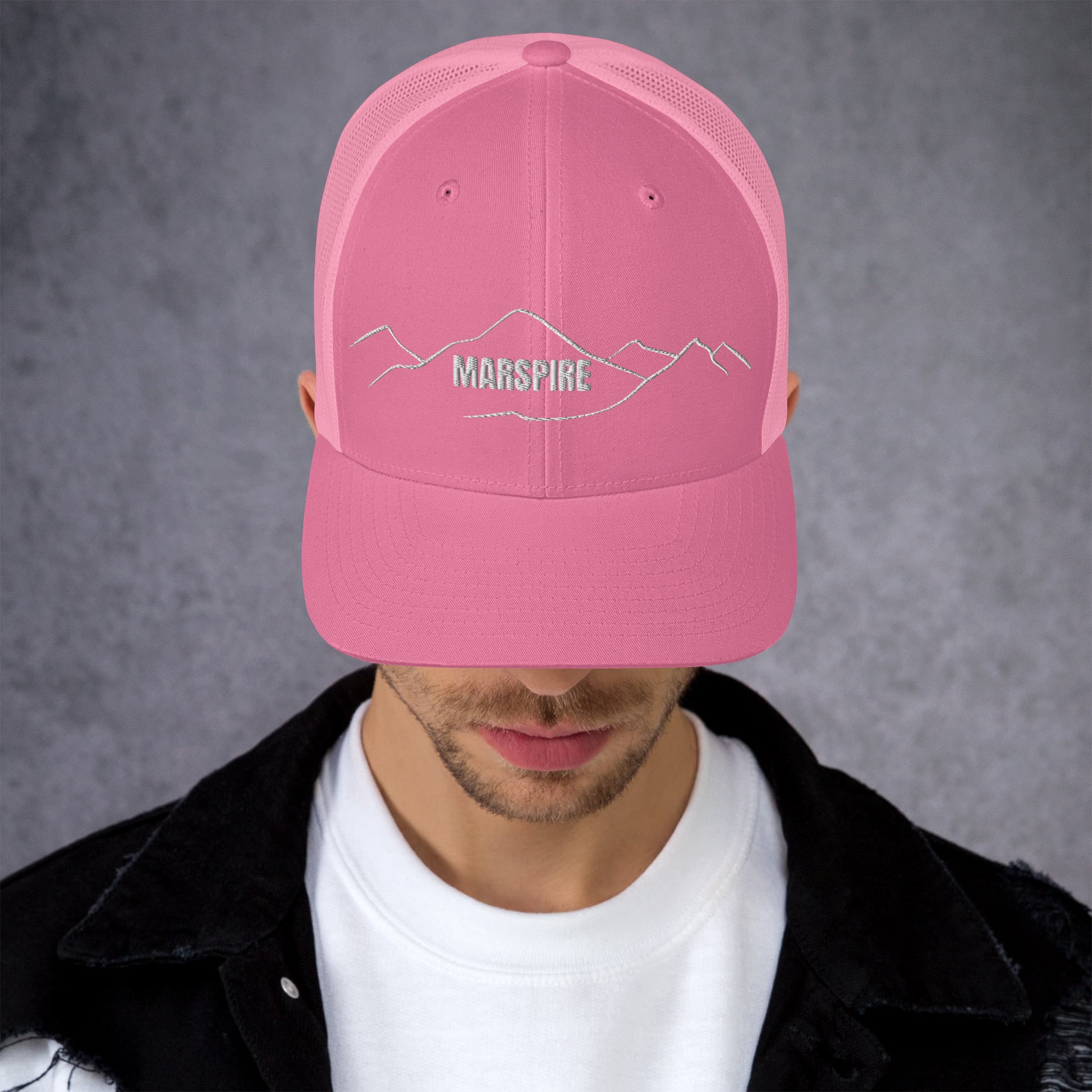 front view of pink mesh trucker cap