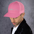 left view of pink mesh trucker cap