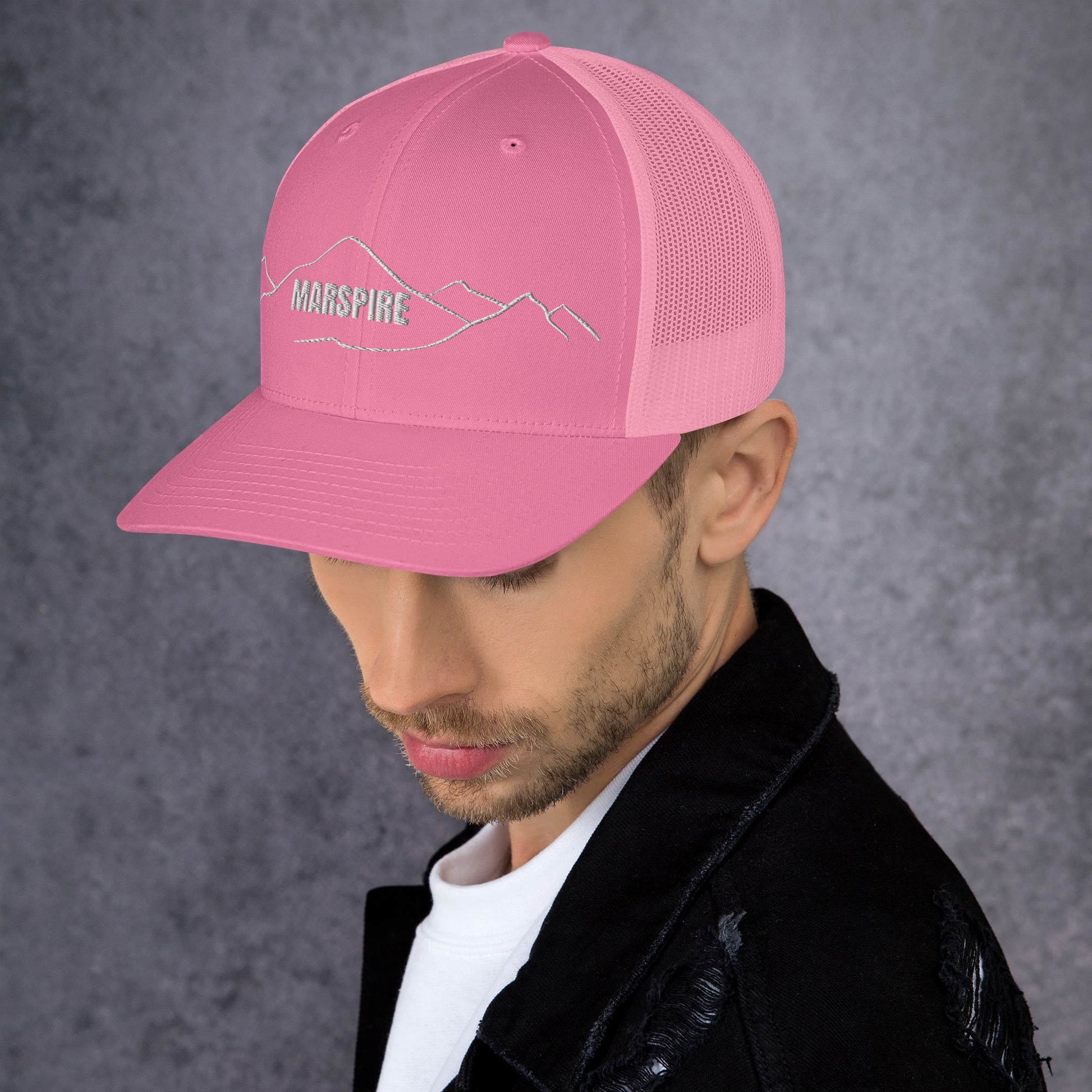left view of pink mesh trucker cap