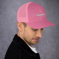 right view of pink mesh trucker cap