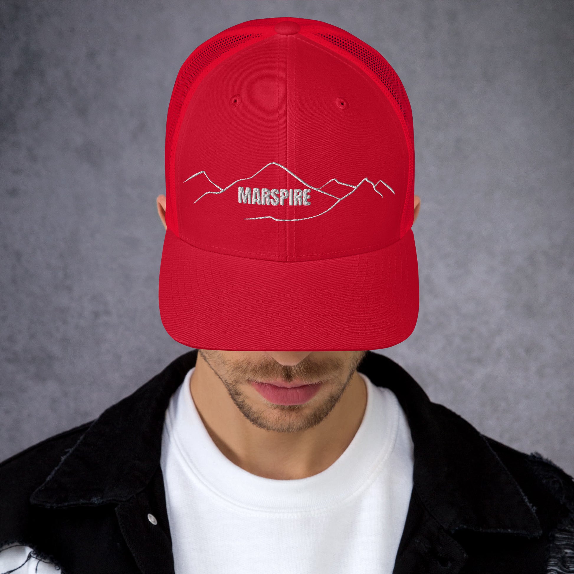 front view of red mesh trucker cap