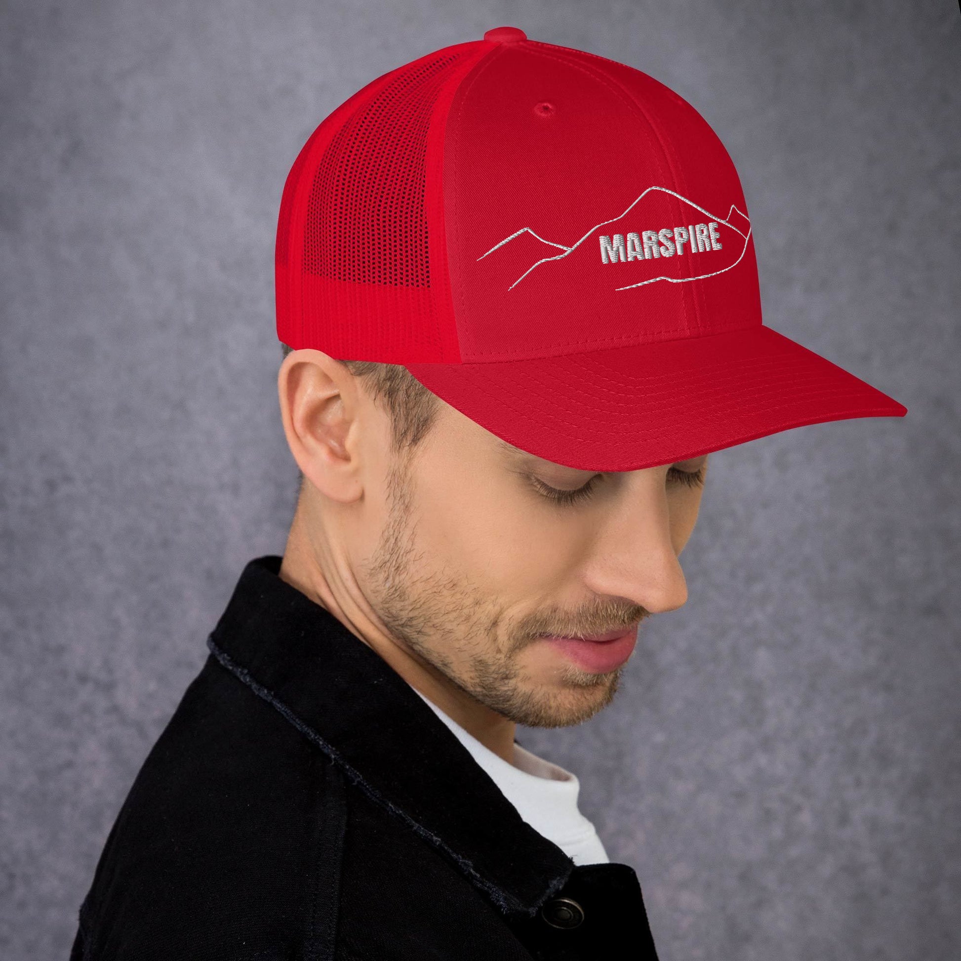 right view of red mesh trucker cap