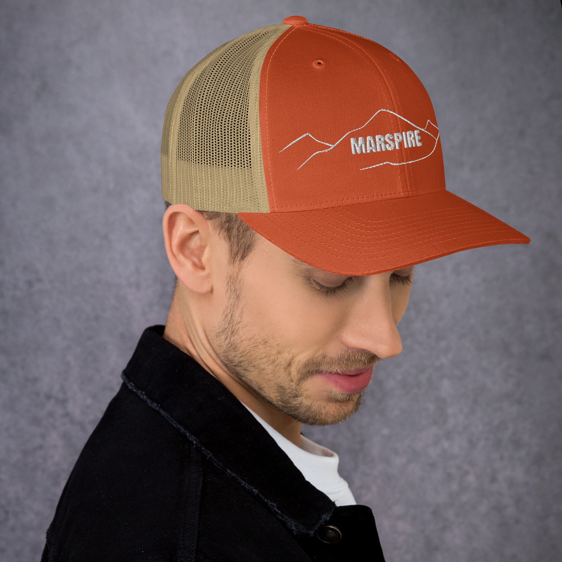 right view of rustic orange & khaki mesh trucker cap