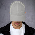 front view of silver mesh trucker cap