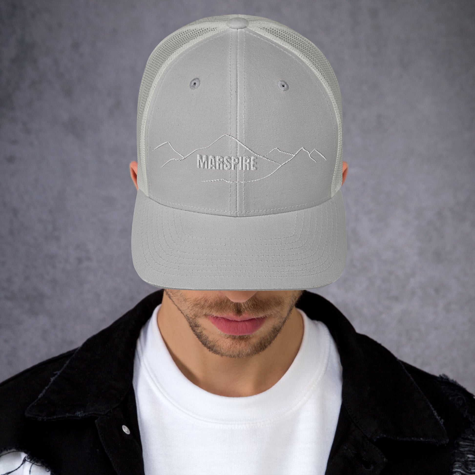 front view of silver mesh trucker cap