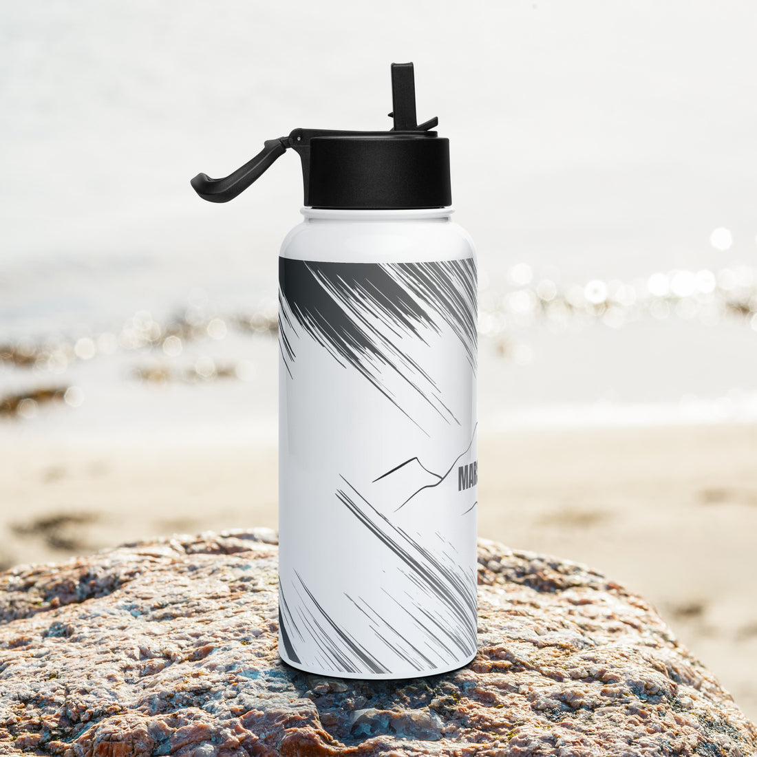 stainless steel water bottle with straw visible in right view