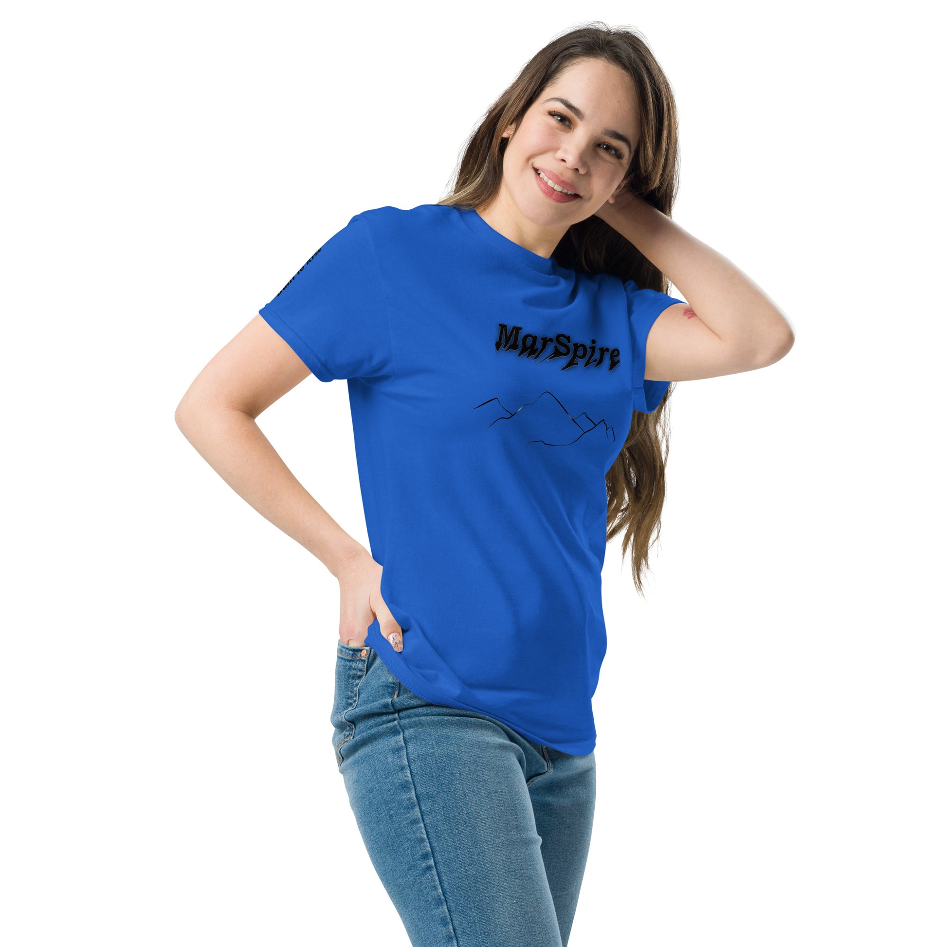 woman wearing royal blue classic tee