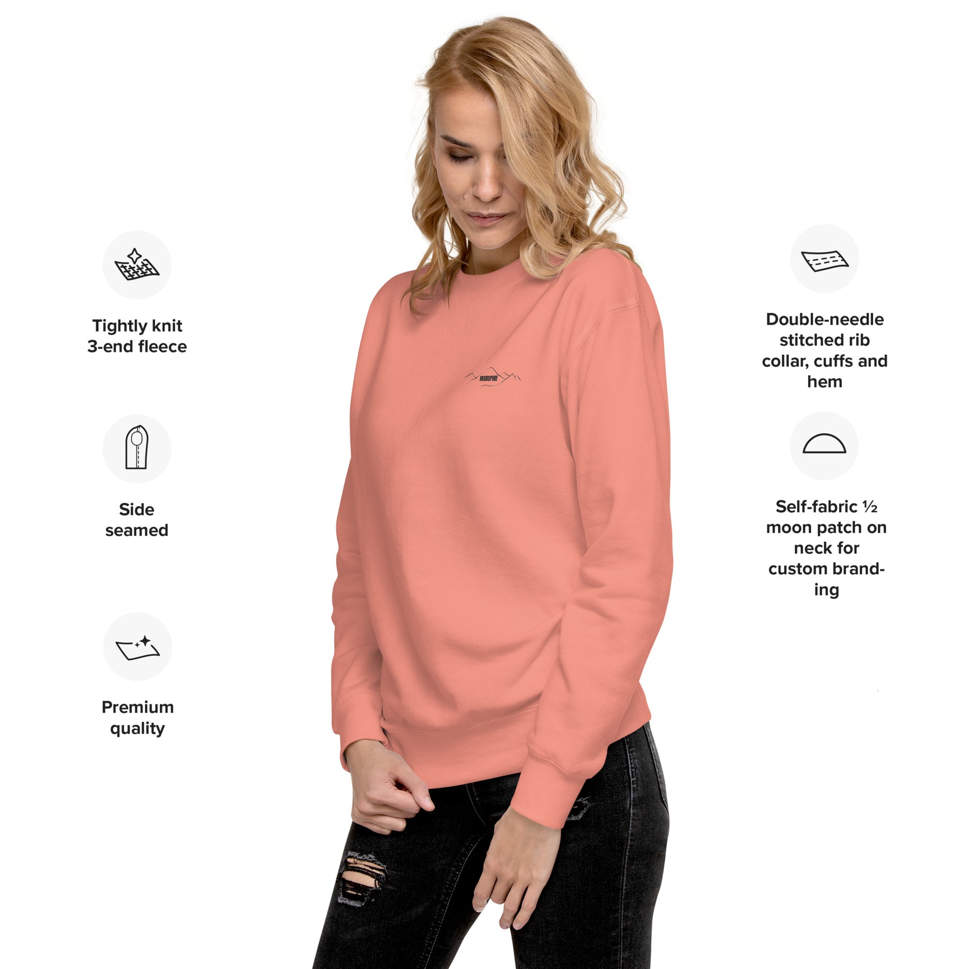 left view of dusty rose long sleeve sweatshirt