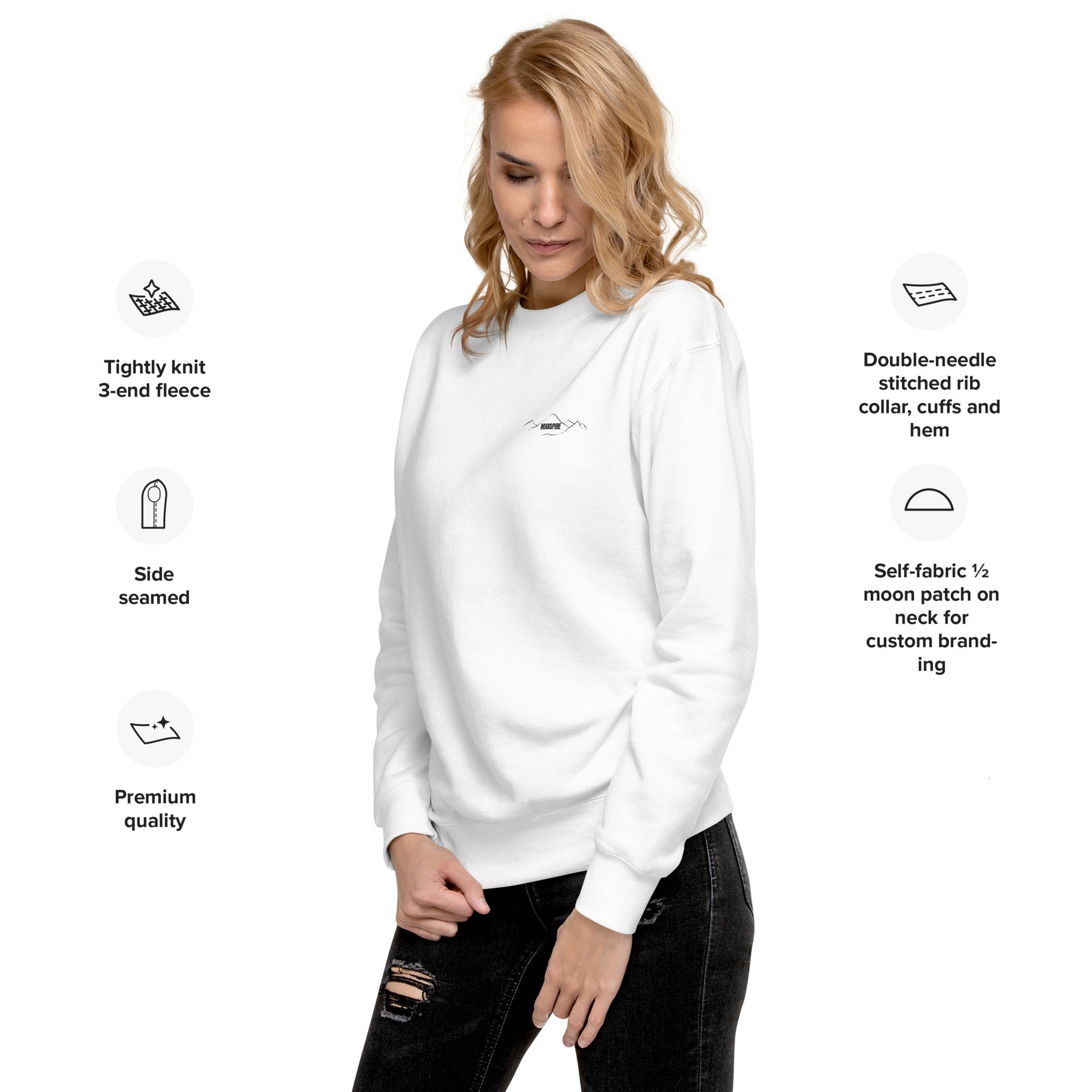 left view of white long sleeve sweatshirt