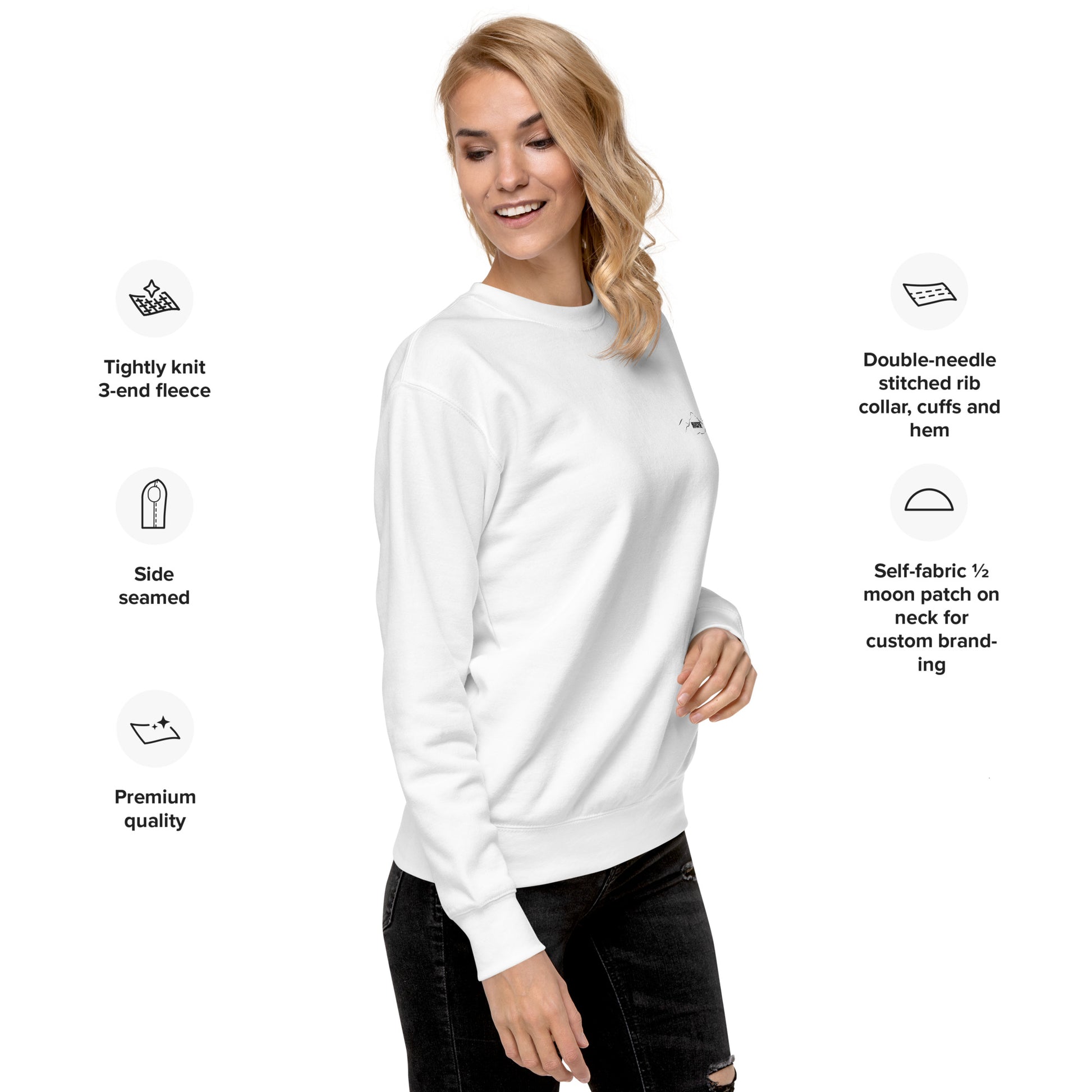 right view of white long sleeve sweatshirt