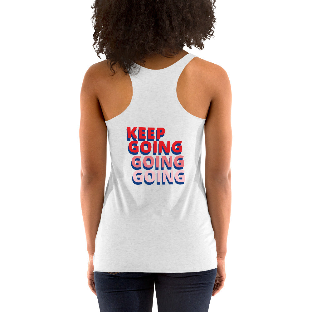 back view of heather white women's racerback tank tops