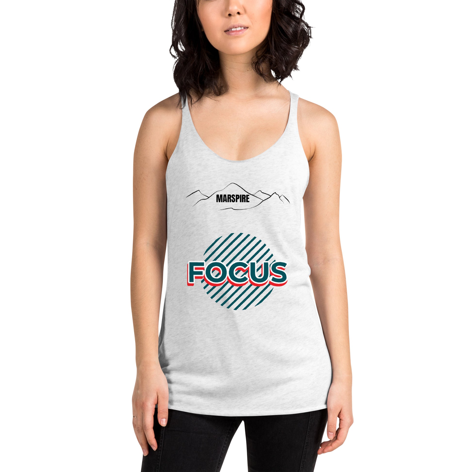 front view of heather white ladies racerback tank tops