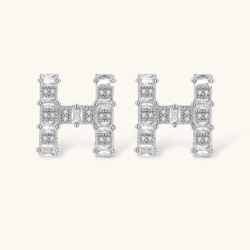 Letter H jewelry set featuring geometric crystal design in gold and white gold plated finish with adjustable chain necklace
