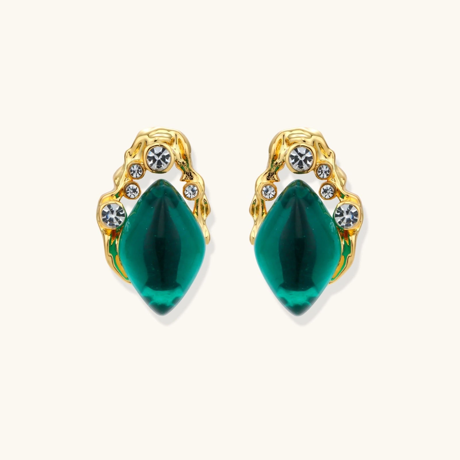 Gold-plated stud earrings featuring teardrop emerald green liuli stones with cubic zirconia crystal accents on white background.