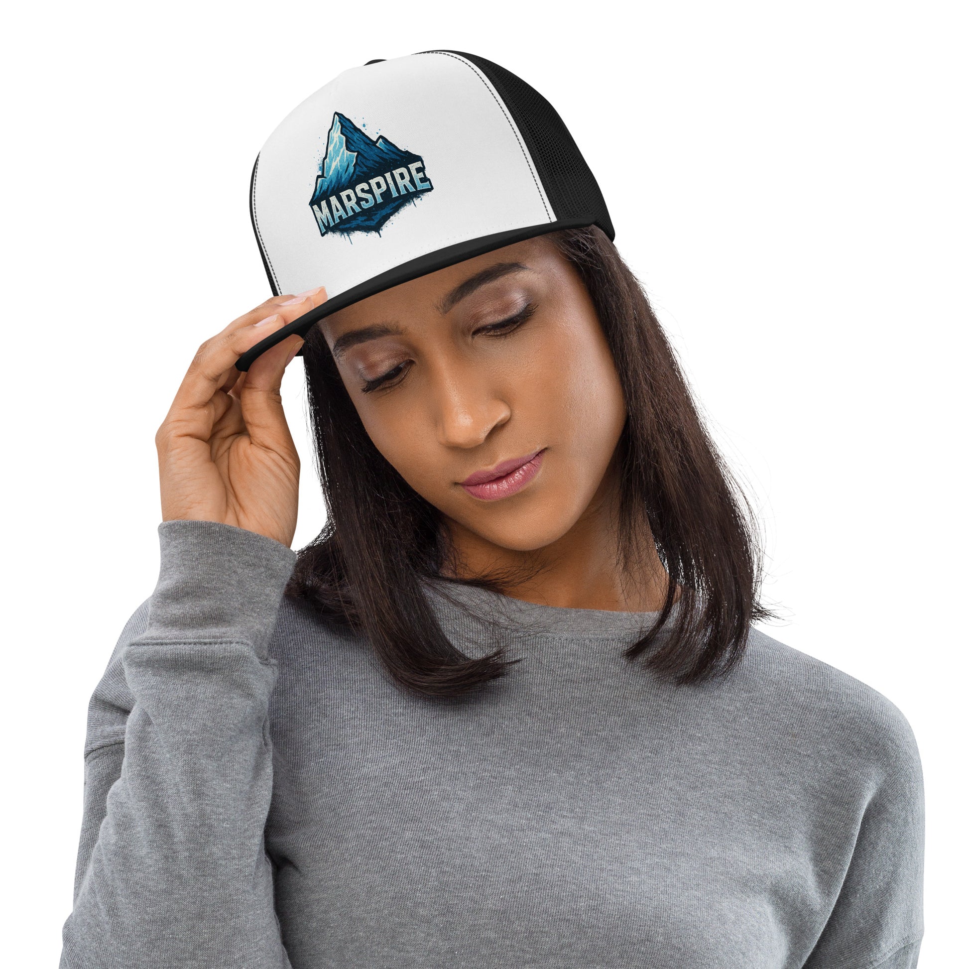 woman wearing trucker baseball caps - white & black