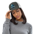 woman wearing trucker baseball caps - charcoal & white