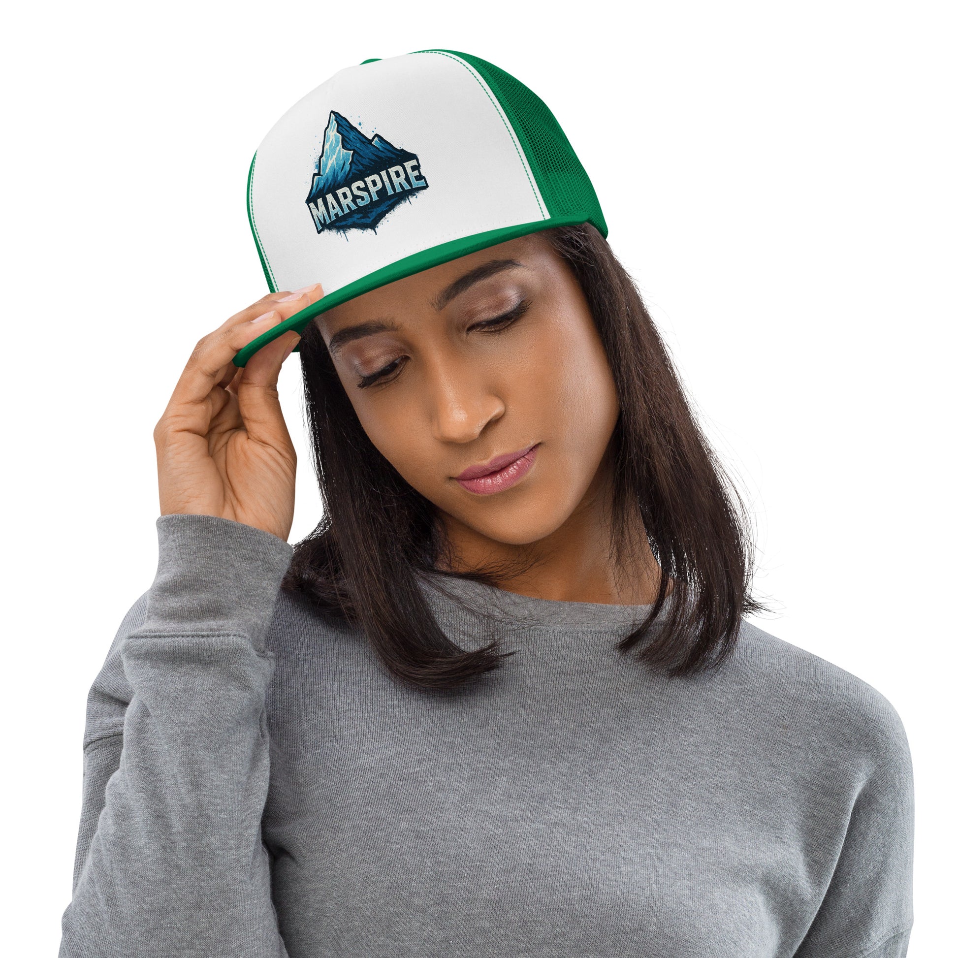 woman wearing trucker baseball caps - white & kelly