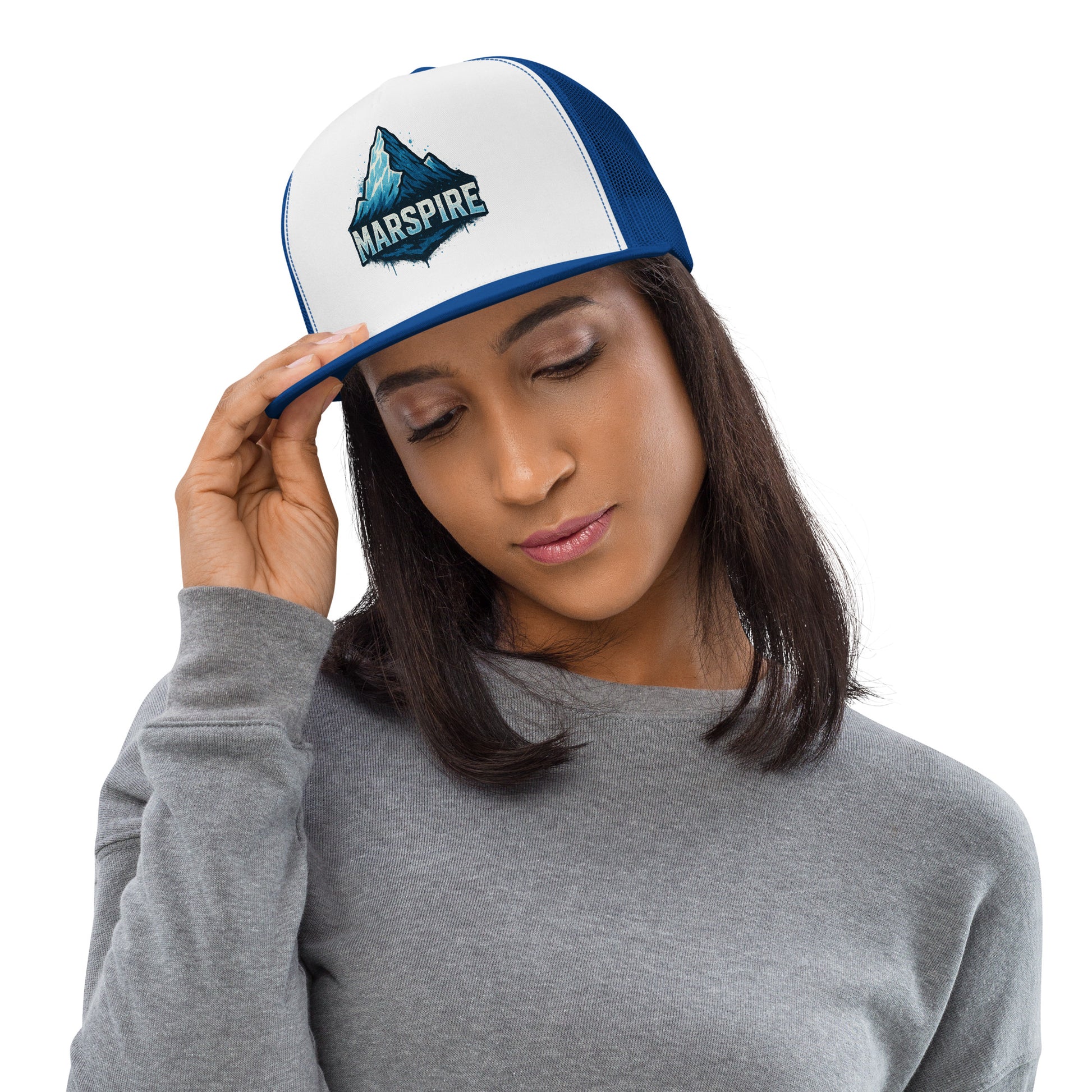 woman wearing trucker baseball caps - white & royal