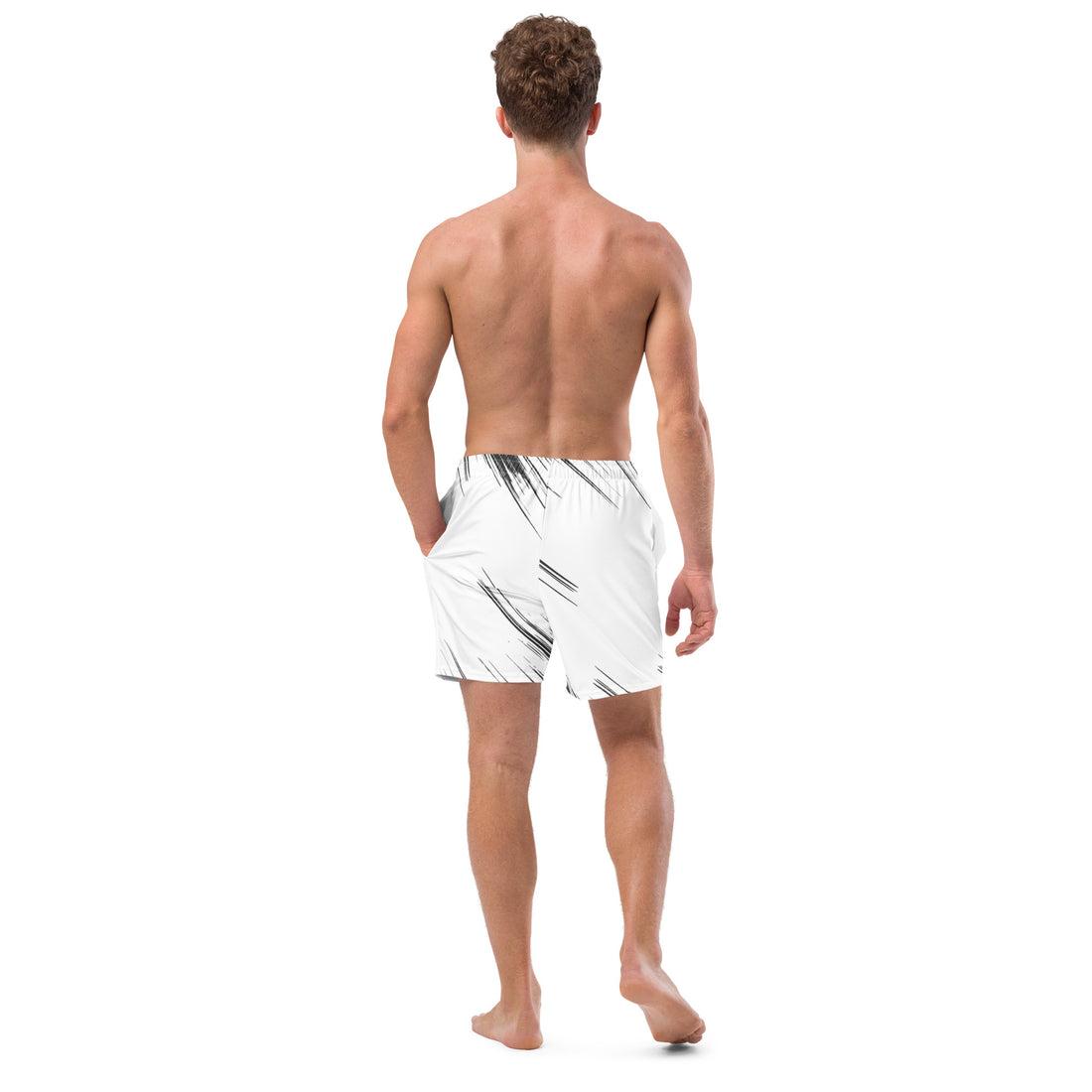 back view of mens short swim trunks