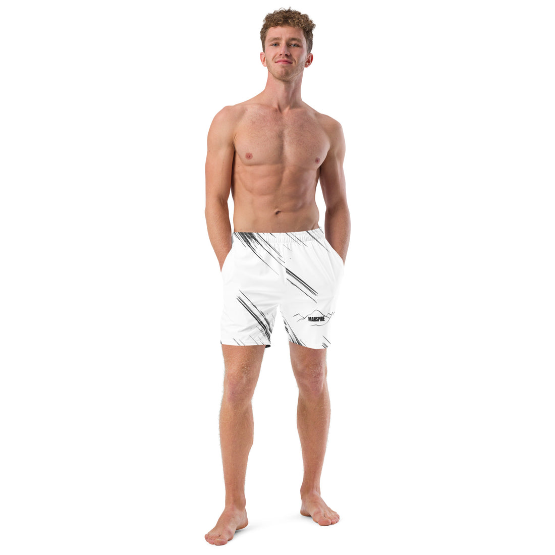 back view of mens short swim trunks