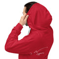 man wearing red popover hoodie closeup